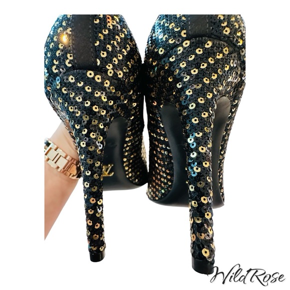 Louis Vuitton LV ‘Midnight Sun’ Black & Gold Sequins Pointy Toe Leather Pumps 36 - Picture 10 of 16